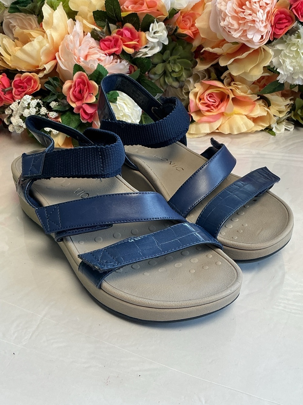 🩴💕 Vionic Misty TVW5697 Navy AdComfort Sandals Women’s 8 Orthotic Hook Loop